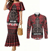 Aotearoa Iwi Ngati Awa Couples Matching Mermaid Dress and Long Sleeve Button Shirt Maori Wharenui House Tribal Pattern
