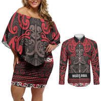 Aotearoa Iwi Ngati Awa Couples Matching Off Shoulder Short Dress and Long Sleeve Button Shirt Maori Wharenui House Tribal Pattern
