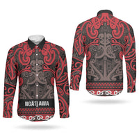 Aotearoa Iwi Ngati Awa Couples Matching Off The Shoulder Long Sleeve Dress and Long Sleeve Button Shirt Maori Wharenui House Tribal Pattern