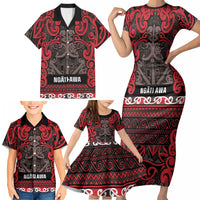 Aotearoa Iwi Ngati Awa Family Matching Short Sleeve Bodycon Dress and Hawaiian Shirt Maori Wharenui House Tribal Pattern