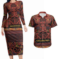 Aotearoa Iwi Rongowhakaata Couples Matching Long Sleeve Bodycon Dress and Hawaiian Shirt Maori Wharenui House Tribal Pattern LT9 Brick Red - Polynesian Pride