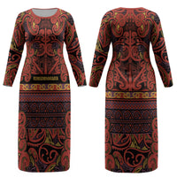 Aotearoa Iwi Rongowhakaata Couples Matching Long Sleeve Bodycon Dress and Long Sleeve Button Shirt Maori Wharenui House Tribal Pattern LT9 - Polynesian Pride