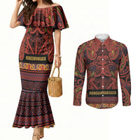 Aotearoa Iwi Rongowhakaata Couples Matching Mermaid Dress and Long Sleeve Button Shirt Maori Wharenui House Tribal Pattern LT9 Brick Red - Polynesian Pride