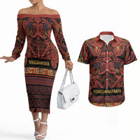 Aotearoa Iwi Rongowhakaata Couples Matching Off The Shoulder Long Sleeve Dress and Hawaiian Shirt Maori Wharenui House Tribal Pattern LT9 Brick Red - Polynesian Pride