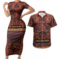 Aotearoa Iwi Rongowhakaata Couples Matching Short Sleeve Bodycon Dress and Hawaiian Shirt Maori Wharenui House Tribal Pattern LT9 Brick Red - Polynesian Pride