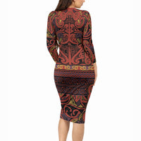 Aotearoa Iwi Rongowhakaata Long Sleeve Bodycon Dress Maori Wharenui House Tribal Pattern LT9 - Polynesian Pride