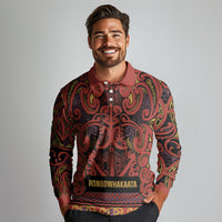 Aotearoa Iwi Rongowhakaata Long Sleeve Polo Shirt Maori Wharenui House Tribal Pattern LT9 - Polynesian Pride