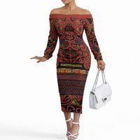 Aotearoa Iwi Rongowhakaata Off The Shoulder Long Sleeve Dress Maori Wharenui House Tribal Pattern LT9 Women Brick Red - Polynesian Pride