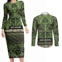 Aotearoa Iwi Ngati Raukawa Couples Matching Long Sleeve Bodycon Dress and Long Sleeve Button Shirt Maori Wharenui House Tribal Pattern LT9 Olive green - Polynesian Pride