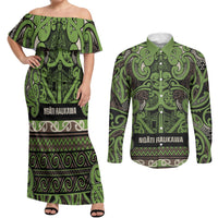 Aotearoa Iwi Ngati Raukawa Couples Matching Off Shoulder Maxi Dress and Long Sleeve Button Shirt Maori Wharenui House Tribal Pattern LT9 Olive green - Polynesian Pride
