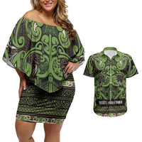 Aotearoa Iwi Ngati Raukawa Couples Matching Off Shoulder Short Dress and Hawaiian Shirt Maori Wharenui House Tribal Pattern LT9 Olive green - Polynesian Pride
