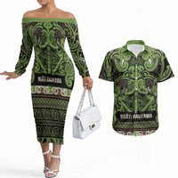 Aotearoa Iwi Ngati Raukawa Couples Matching Off The Shoulder Long Sleeve Dress and Hawaiian Shirt Maori Wharenui House Tribal Pattern LT9 Olive green - Polynesian Pride