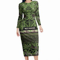 Aotearoa Iwi Ngati Raukawa Long Sleeve Bodycon Dress Maori Wharenui House Tribal Pattern LT9 Long Dress Olive green - Polynesian Pride