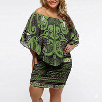 Aotearoa Iwi Ngati Raukawa Off Shoulder Short Dress Maori Wharenui House Tribal Pattern LT9 Women Olive green - Polynesian Pride