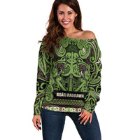Aotearoa Iwi Ngati Raukawa Off Shoulder Sweater Maori Wharenui House Tribal Pattern LT9 Women Olive green - Polynesian Pride