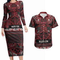 Aotearoa Iwi Ngati Toa Couples Matching Long Sleeve Bodycon Dress and Hawaiian Shirt Maori Wharenui House Tribal Pattern LT9 Dark Red - Polynesian Pride