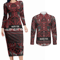 Aotearoa Iwi Ngati Toa Couples Matching Long Sleeve Bodycon Dress and Long Sleeve Button Shirt Maori Wharenui House Tribal Pattern LT9 Dark Red - Polynesian Pride