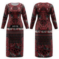 Aotearoa Iwi Ngati Toa Couples Matching Long Sleeve Bodycon Dress and Long Sleeve Button Shirt Maori Wharenui House Tribal Pattern LT9 - Polynesian Pride