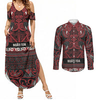 Aotearoa Iwi Ngati Toa Couples Matching Summer Maxi Dress and Long Sleeve Button Shirt Maori Wharenui House Tribal Pattern LT9 Dark Red - Polynesian Pride