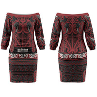Aotearoa Iwi Ngati Toa Family Matching Off The Shoulder Long Sleeve Dress and Hawaiian Shirt Maori Wharenui House Tribal Pattern LT9 Mom's Dress Dark Red - Polynesian Pride