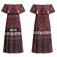 Aotearoa Iwi Ngati Toa Family Matching Off Shoulder Maxi Dress and Hawaiian Shirt Maori Wharenui House Tribal Pattern LT9 Mom's Dress Dark Red - Polynesian Pride