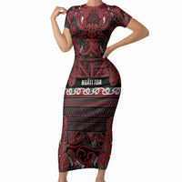 Aotearoa Iwi Ngati Toa Short Sleeve Bodycon Dress Maori Wharenui House Tribal Pattern LT9 Long Dress Dark Red - Polynesian Pride