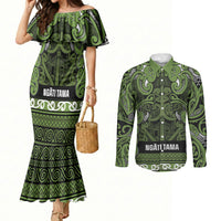 Aotearoa Iwi Ngāti Tama ki Taranaki Trust Couples Matching Mermaid Dress and Long Sleeve Button Shirt Maori Wharenui House Tribal Pattern LT9 Lime - Polynesian Pride