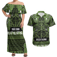 Aotearoa Iwi Ngāti Tama ki Taranaki Trust Couples Matching Off Shoulder Maxi Dress and Hawaiian Shirt Maori Wharenui House Tribal Pattern LT9 Lime - Polynesian Pride