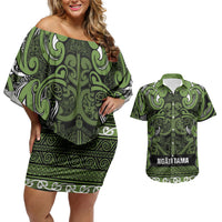 Aotearoa Iwi Ngāti Tama ki Taranaki Trust Couples Matching Off Shoulder Short Dress and Hawaiian Shirt Maori Wharenui House Tribal Pattern LT9 Lime - Polynesian Pride