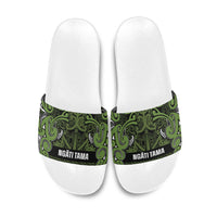 Aotearoa Iwi Ngāti Tama ki Taranaki Trust Slide Sandals Maori Wharenui House Tribal Pattern LT9 Lime - Polynesian Pride