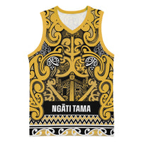 Aotearoa Iwi Ngāti Tama ki Te Waipounamu Trust Basketball Jersey Maori Wharenui House Tribal Pattern LT9 Unisex Gold - Polynesian Pride