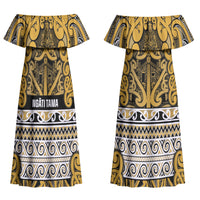 Aotearoa Iwi Ngāti Tama ki Te Waipounamu Trust Couples Matching Off Shoulder Maxi Dress and Long Sleeve Button Shirt Maori Wharenui House Tribal Pattern LT9 - Polynesian Pride