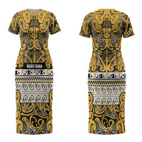 Aotearoa Iwi Ngāti Tama ki Te Waipounamu Trust Couples Matching Short Sleeve Bodycon Dress and Long Sleeve Button Shirt Maori Wharenui House Tribal Pattern