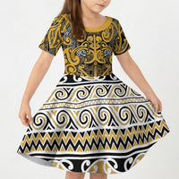 Aotearoa Iwi Ngāti Tama ki Te Waipounamu Trust Kid Short Sleeve Dress Maori Wharenui House Tribal Pattern LT9 KID Gold - Polynesian Pride