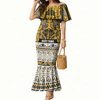 Aotearoa Iwi Ngāti Tama ki Te Waipounamu Trust Mermaid Dress Maori Wharenui House Tribal Pattern LT9 Women Gold - Polynesian Pride