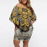 Aotearoa Iwi Ngāti Tama ki Te Waipounamu Trust Off Shoulder Short Dress Maori Wharenui House Tribal Pattern LT9 Women Gold - Polynesian Pride