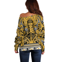Aotearoa Iwi Ngāti Tama ki Te Waipounamu Trust Off Shoulder Sweater Maori Wharenui House Tribal Pattern LT9 - Polynesian Pride