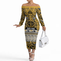Aotearoa Iwi Ngāti Tama ki Te Waipounamu Trust Off The Shoulder Long Sleeve Dress Maori Wharenui House Tribal Pattern LT9 Women Gold - Polynesian Pride