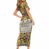 Aotearoa Iwi Ngāti Tama ki Te Waipounamu Trust Short Sleeve Bodycon Dress Maori Wharenui House Tribal Pattern LT9 - Polynesian Pride