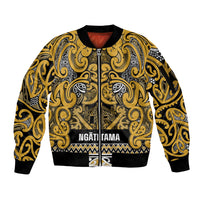 Aotearoa Iwi Ngāti Tama ki Te Waipounamu Trust Sleeve Zip Bomber Jacket Maori Wharenui House Tribal Pattern LT9 Unisex Gold - Polynesian Pride