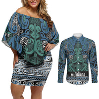 Aotearoa Iwi Ngati Mutunga Couples Matching Off Shoulder Short Dress and Long Sleeve Button Shirt Maori Wharenui House Tribal Pattern