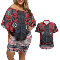 Aotearoa Iwi Te ati Awa Couples Matching Off Shoulder Short Dress and Hawaiian Shirt Maori Wharenui House Tribal Pattern