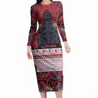 Aotearoa Iwi Te ati Awa Long Sleeve Bodycon Dress Maori Wharenui House Tribal Pattern