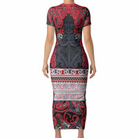 Aotearoa Iwi Te ati Awa Short Sleeve Bodycon Dress Maori Wharenui House Tribal Pattern