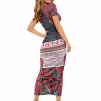 Aotearoa Iwi Te ati Awa Short Sleeve Bodycon Dress Maori Wharenui House Tribal Pattern