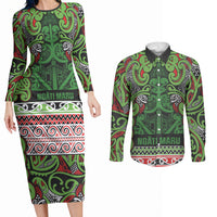 Aotearoa Iwi Ngati Maru Hauraki Couples Matching Long Sleeve Bodycon Dress and Long Sleeve Button Shirt Maori Wharenui House Tribal Pattern