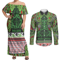 Aotearoa Iwi Ngati Maru Hauraki Couples Matching Off Shoulder Maxi Dress and Long Sleeve Button Shirt Maori Wharenui House Tribal Pattern