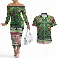 Aotearoa Iwi Ngati Maru Hauraki Couples Matching Off The Shoulder Long Sleeve Dress and Hawaiian Shirt Maori Wharenui House Tribal Pattern