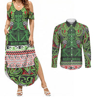 Aotearoa Iwi Ngati Maru Hauraki Couples Matching Summer Maxi Dress and Long Sleeve Button Shirt Maori Wharenui House Tribal Pattern