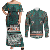 Aotearoa Iwi Ngāti Maru Taranaki Couples Matching Off Shoulder Maxi Dress and Long Sleeve Button Shirt Maori Wharenui House Tribal Pattern